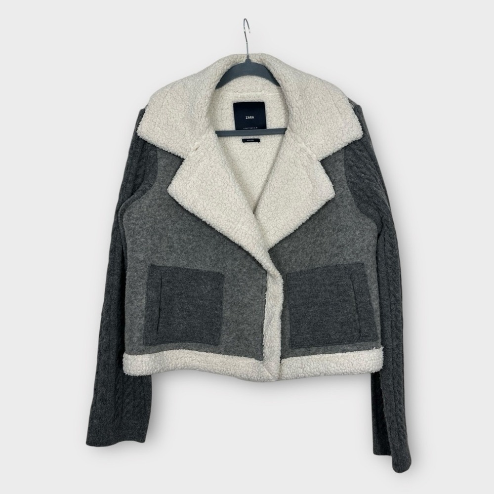 ZARA Knitwear Women's Teddy Jacket - Grey Wool & Cream Sherpa - Moto Style - L